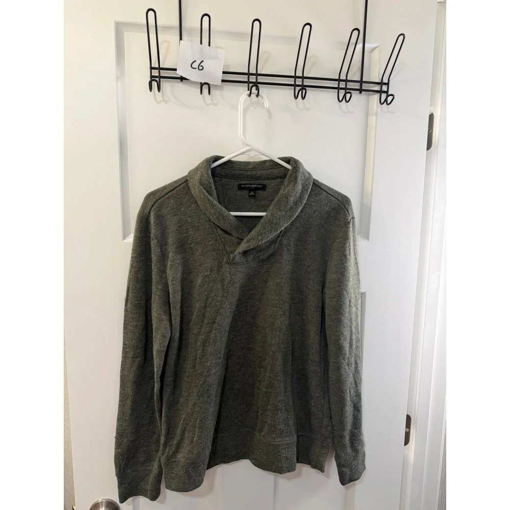 Banana Republic Mens Shawl Collar Pullover Sweater Heathered Olive Green Small